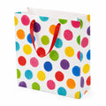 Sacchetto regalo 32 x 12 x 26 cm in carta bianca con pois colorati e manici in nastro rosso stile allegro