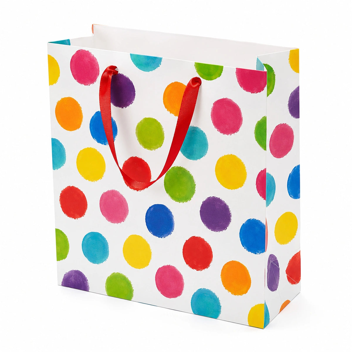 Sacchetto regalo 32 x 12 x 26 cm in carta bianca con pois colorati e manici in nastro rosso stile allegro