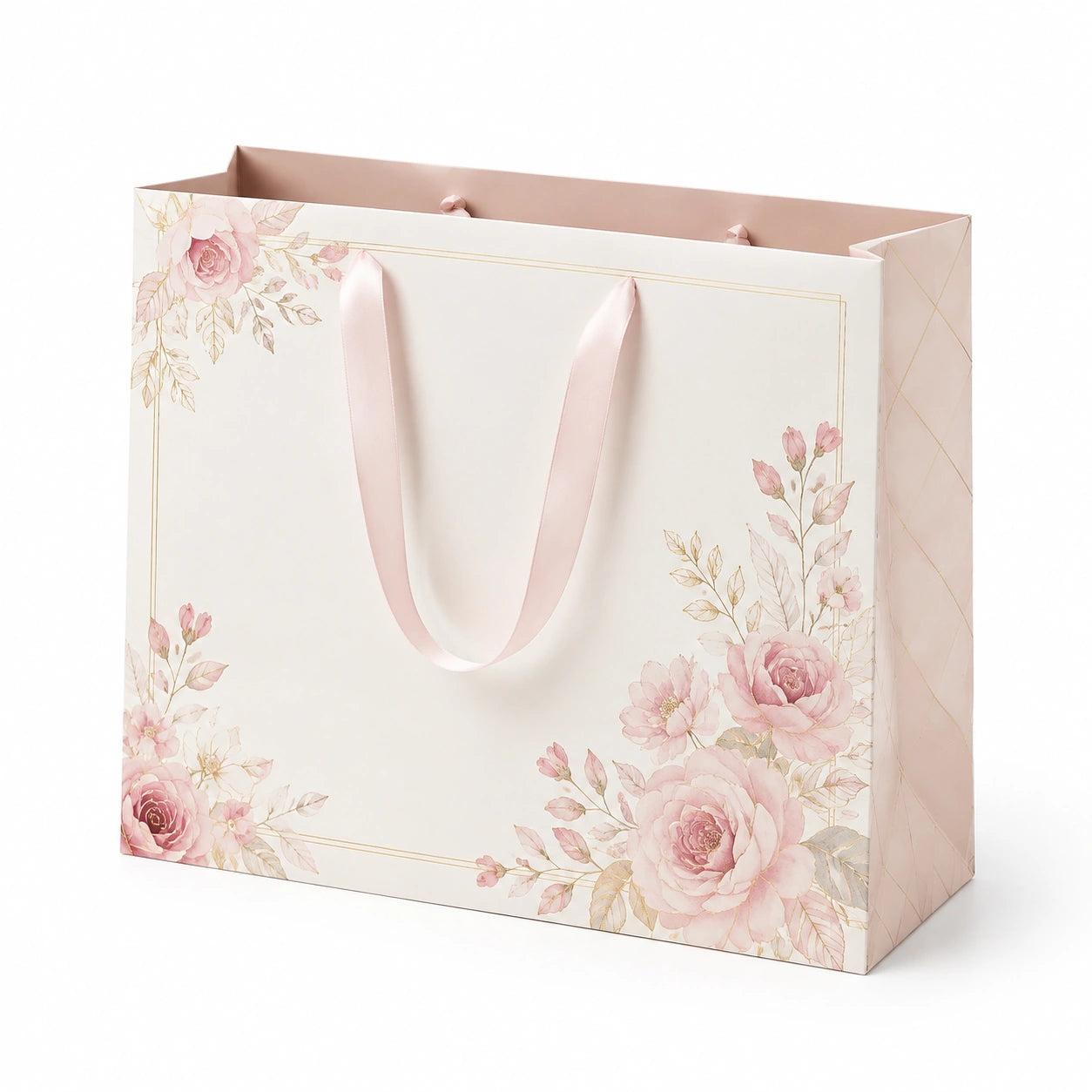 Borsa regalo 32 x 12 x 26 cm in carta rosa con manici in nastro - motivo floreale