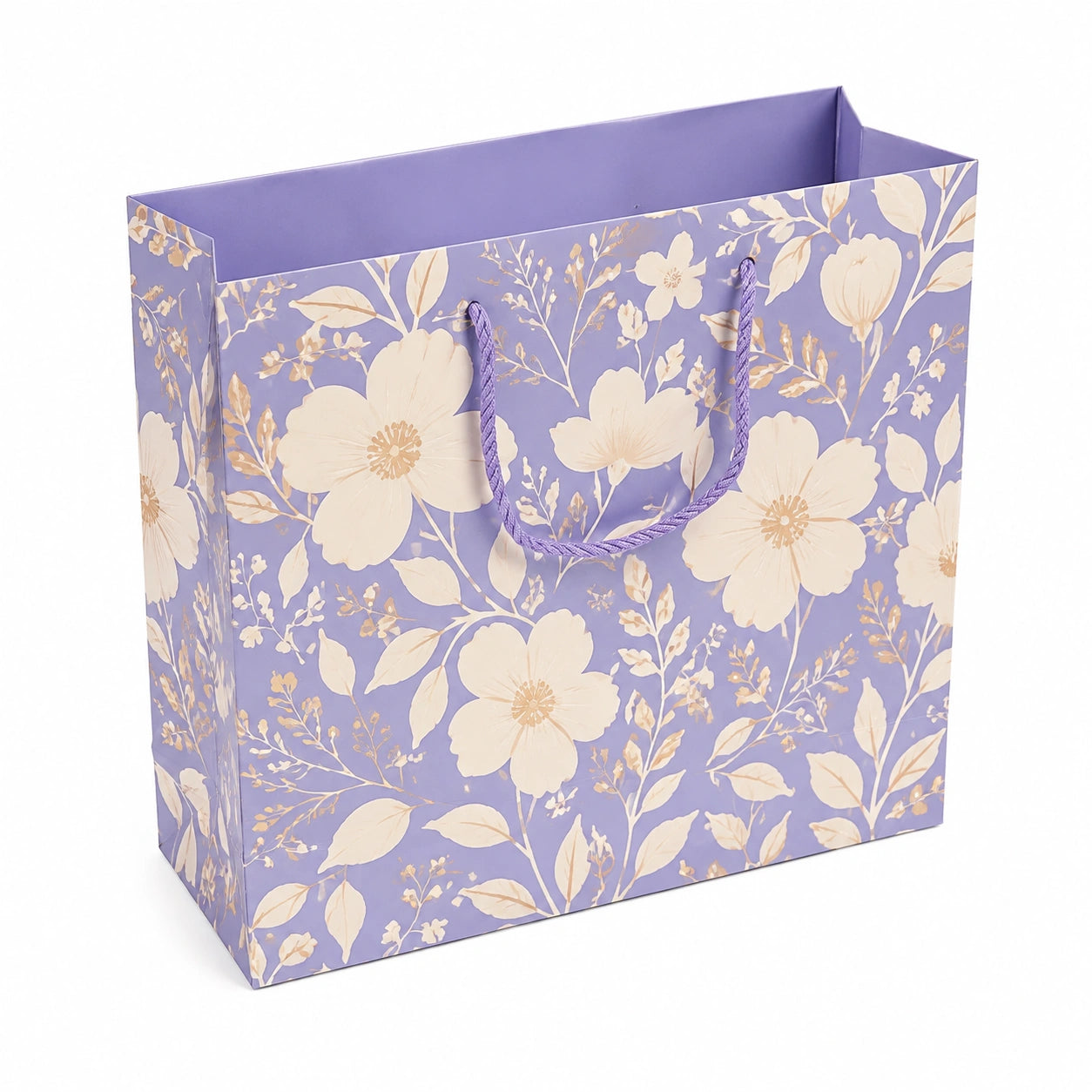 Sacchetto regalo 32 x 12 x 26 cm in carta lilla con manici in corda e motivo floreale