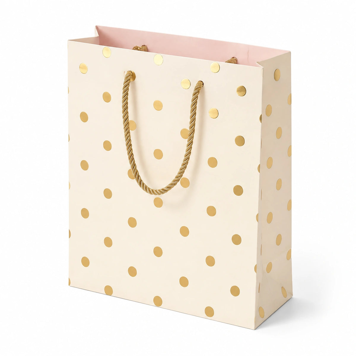 Borsa regalo 30 x 12 x 40 cm in carta avorio con pois dorati e manici in corda
