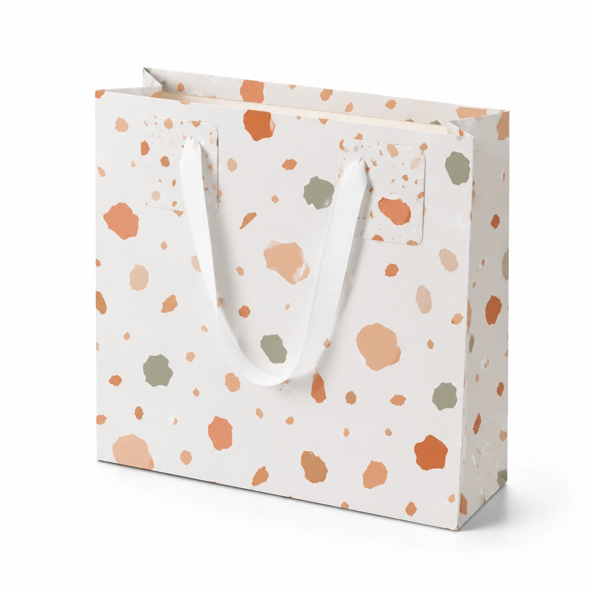 Sacchetto regalo 32 x 12 x 26 cm in carta bianca con manici in nastro motivo maculato