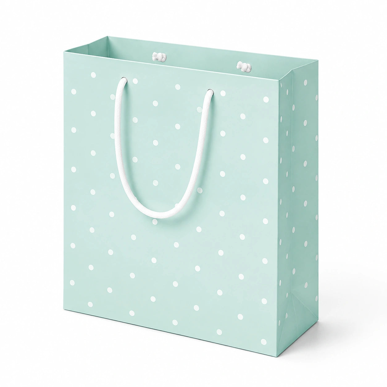 Sacchetto regalo 26 x 12 x 32 cm in carta verde acqua a pois con manici in corda