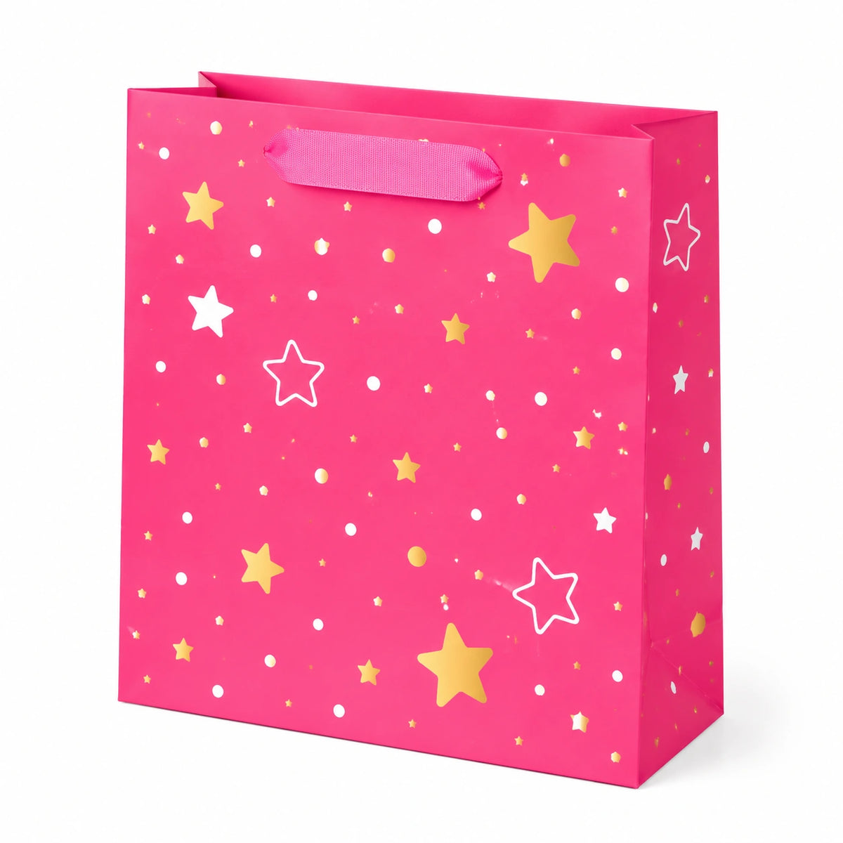 Sacchetto regalo 26 x 12 x 32 cm in carta rosa con stelle e manici in nastro