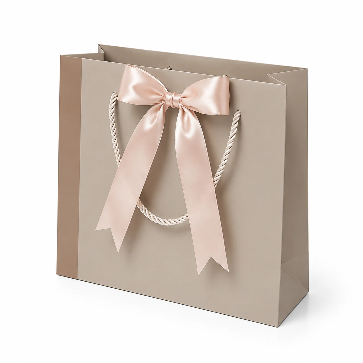 Shopper regalo 32 x 12 x 26 cm in carta beige con fiocco rosa e manici in corda