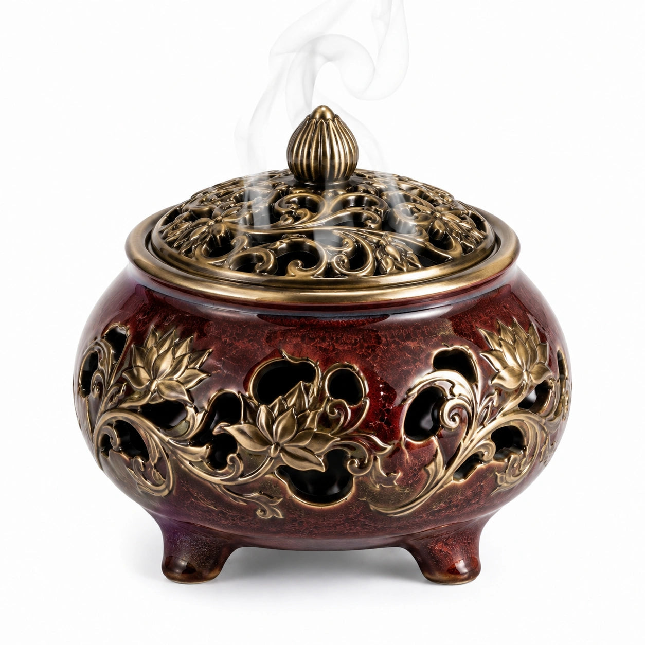 Bruciatore d'incenso rotondo Ø 18 cm in ceramica rosso scuro con coperchio traforato stile classico