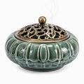 Bruciatore di incenso in ceramica verde con coperchio traforato in metallo - Ø 16 cm