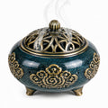 Bruciatore di incenso rotondo Ø 16 cm in ceramica blu e metallo dorato con coperchio traforato