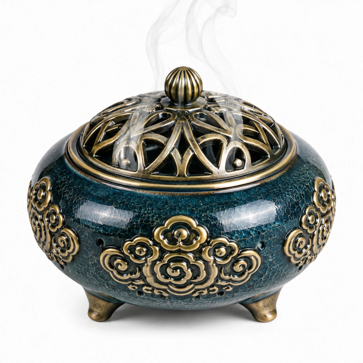 Bruciatore di incenso rotondo Ø 16 cm in ceramica blu e metallo dorato con coperchio traforato
