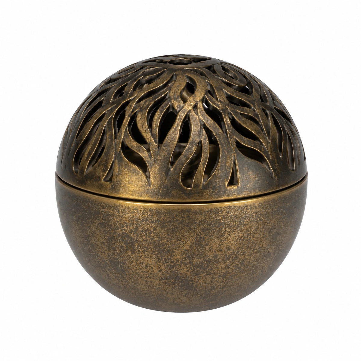 Bruciatore di incenso sferico Ø14 cm in metallo bronzo traforato decorativo