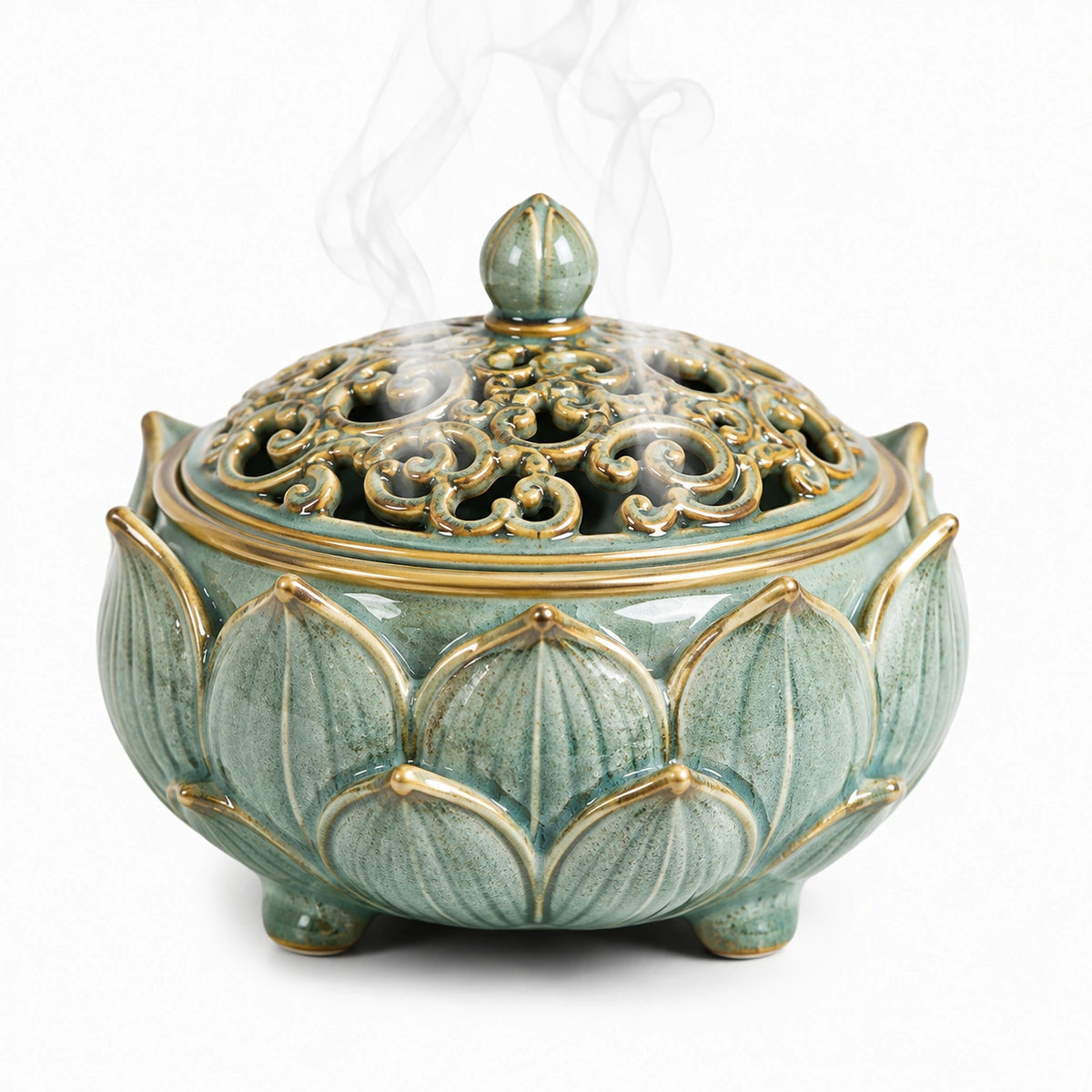 Bruciatore d'incenso in ceramica verde 18 cm - traforato decorativo da appoggio