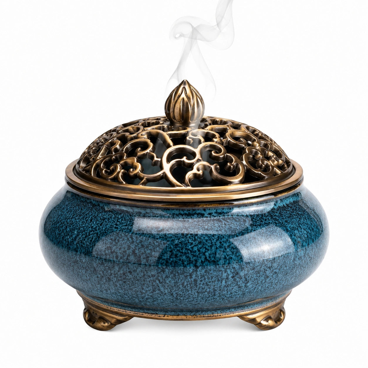Bruciatore d'incenso rotondo 16 x 14 cm in ceramica blu con coperchio traforato stile classico