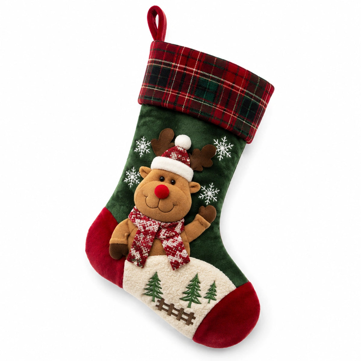 Calza di Natale 45 cm in tessuto rosso verde con renna applicata e gancio