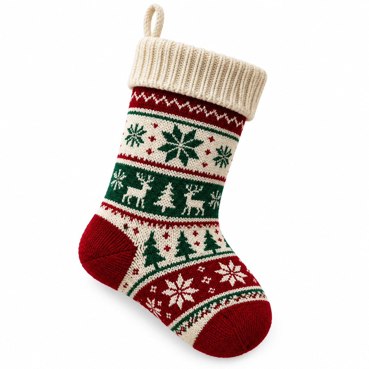 Calza decorativa 45 x 25 cm in maglia rosso verde e crema con passante stile nordico