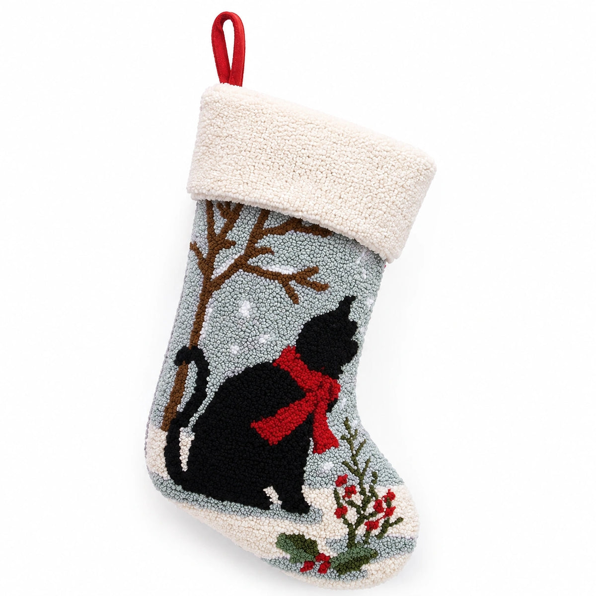 Calza decorativa natalizia 45 x 27 cm in tessuto multicolore con gatto e passante da appendere