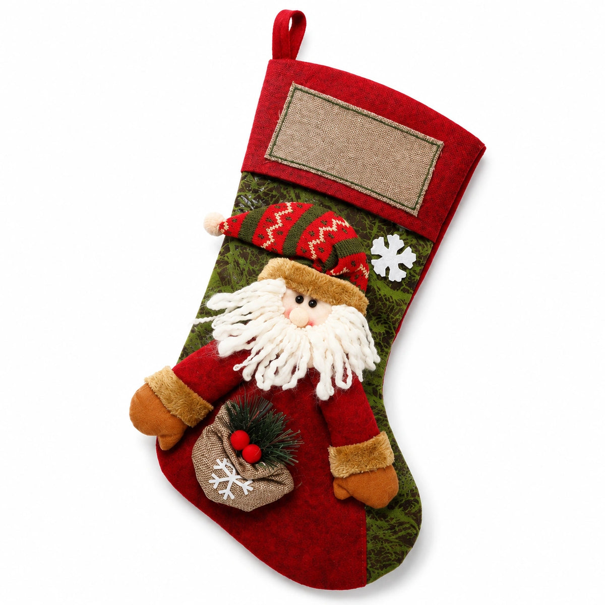 Calza natalizia 45 cm in tessuto rosso verde con Babbo Natale da appendere