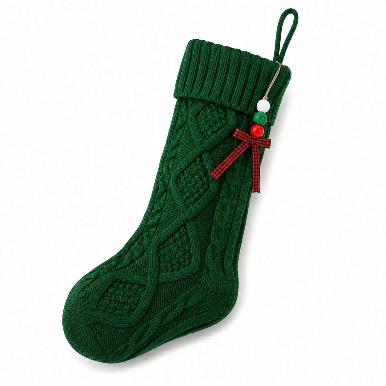 Calza decorativa natalizia 45 cm in maglia verde con motivo a trecce e passante
