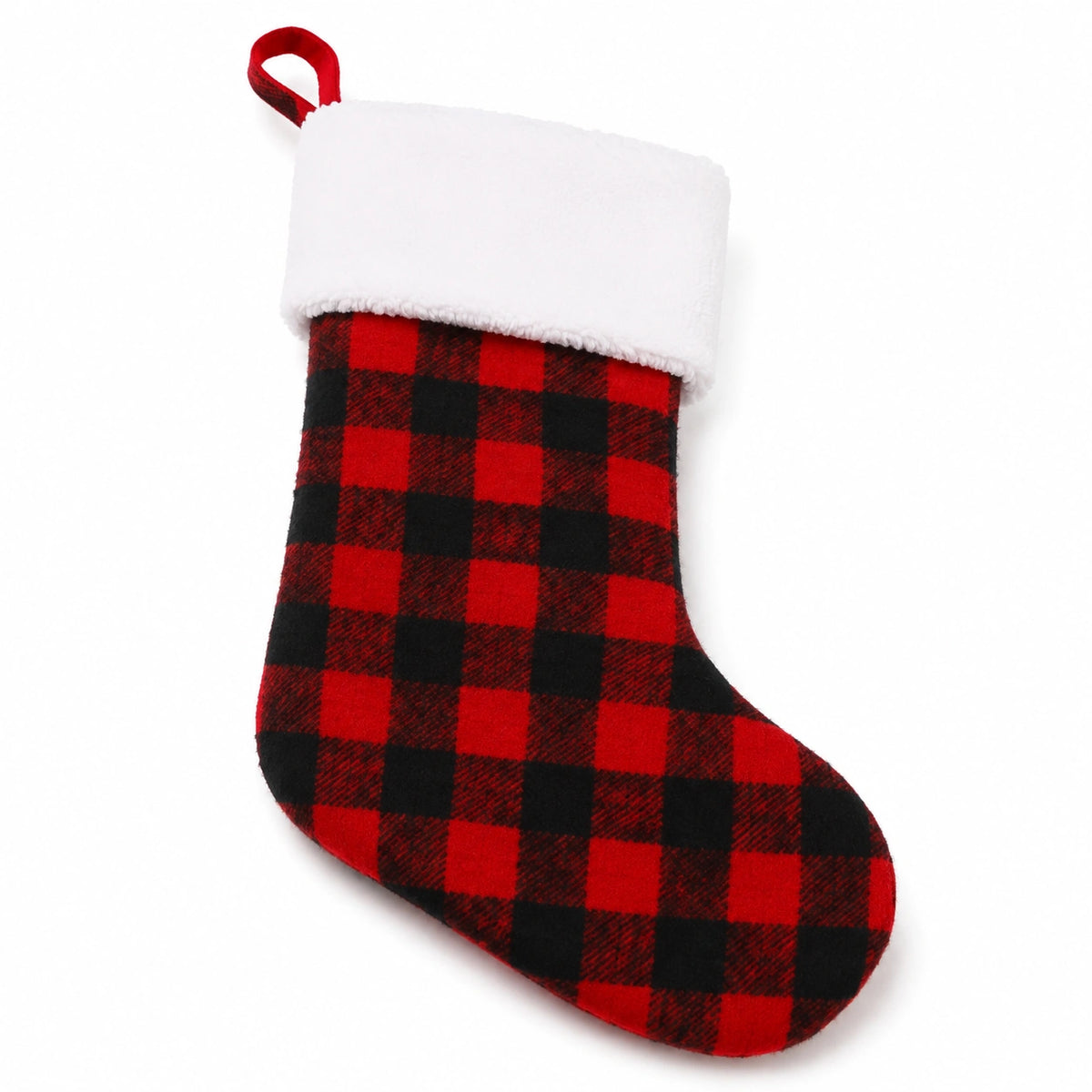 Calza decorativa natalizia 45 cm in tessuto rosso nero e bianco - fantasia a quadri con bordo morbido e passante