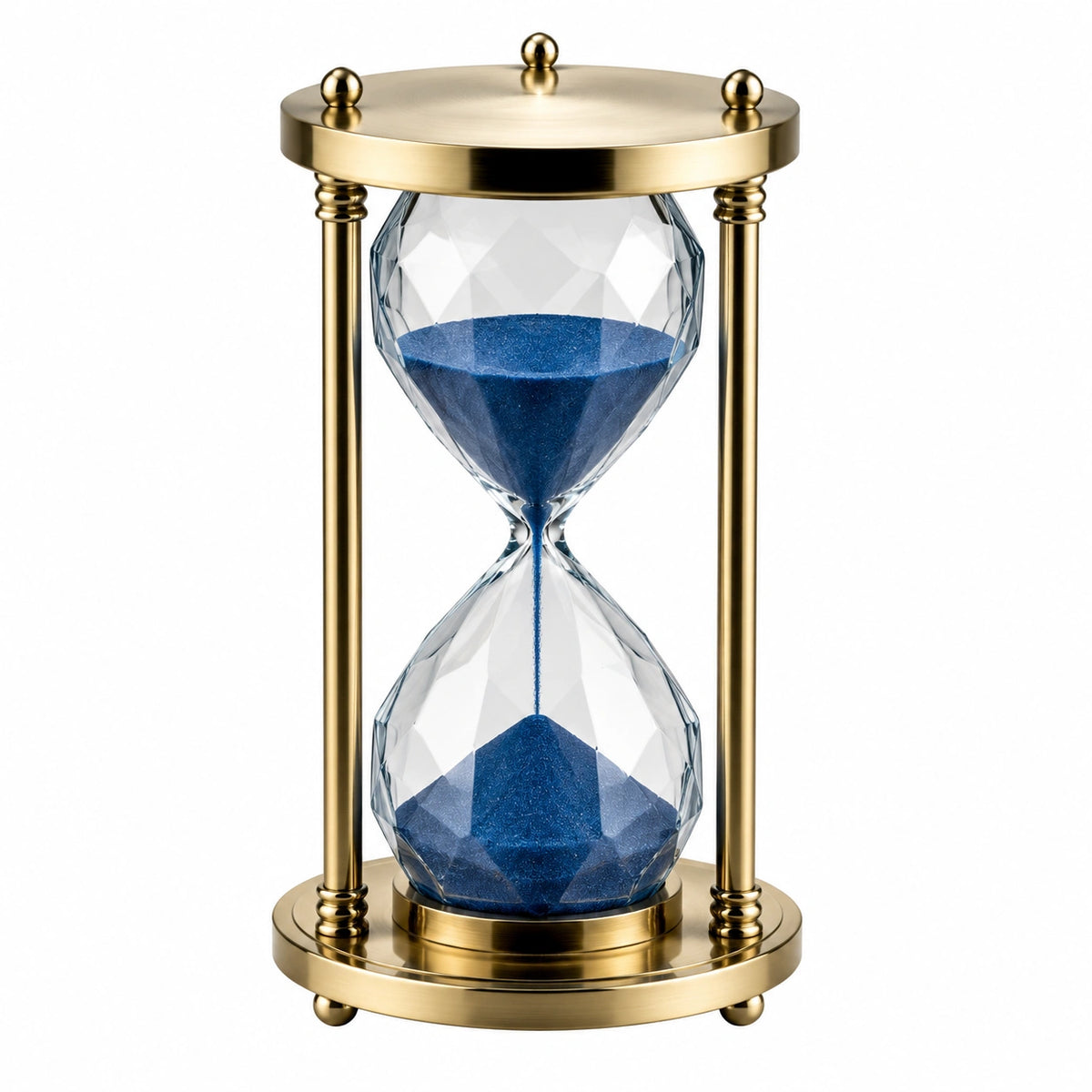 Clessidra decorativa 12 x 25 cm in vetro trasparente e metallo dorato con sabbia blu