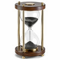 Clessidra decorativa 35 cm in vetro trasparente legno marrone e metallo dorato con sabbia nera