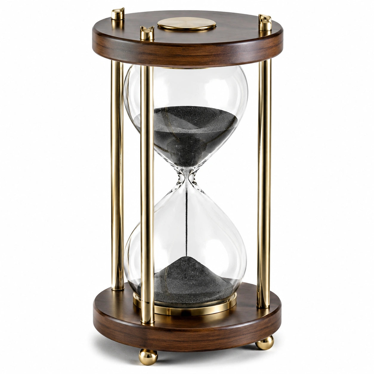 Clessidra decorativa 35 cm in vetro trasparente legno marrone e metallo dorato con sabbia nera