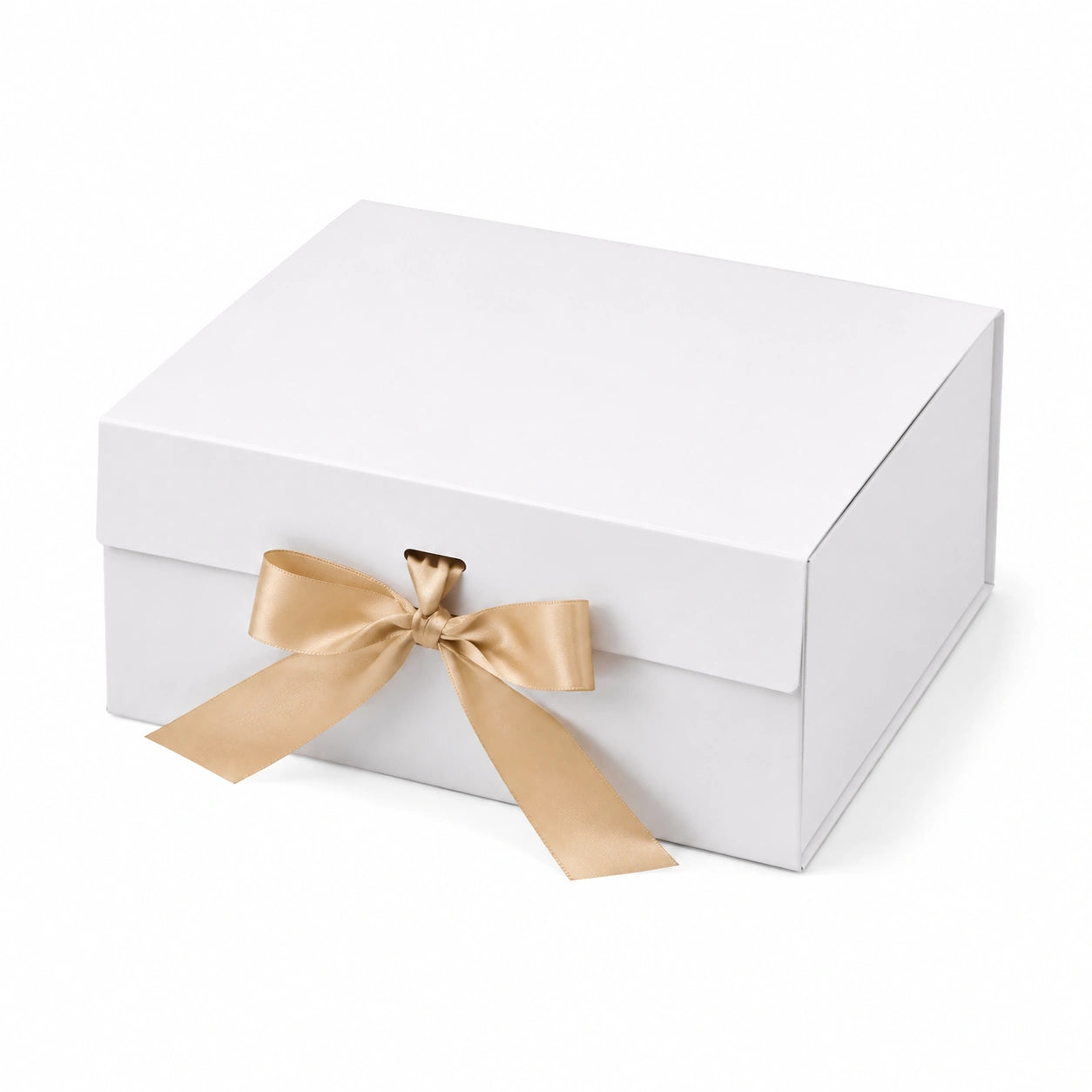 Scatola regalo 30 x 30 x 15 cm in cartone bianco con nastro dorato - chiusura con fiocco